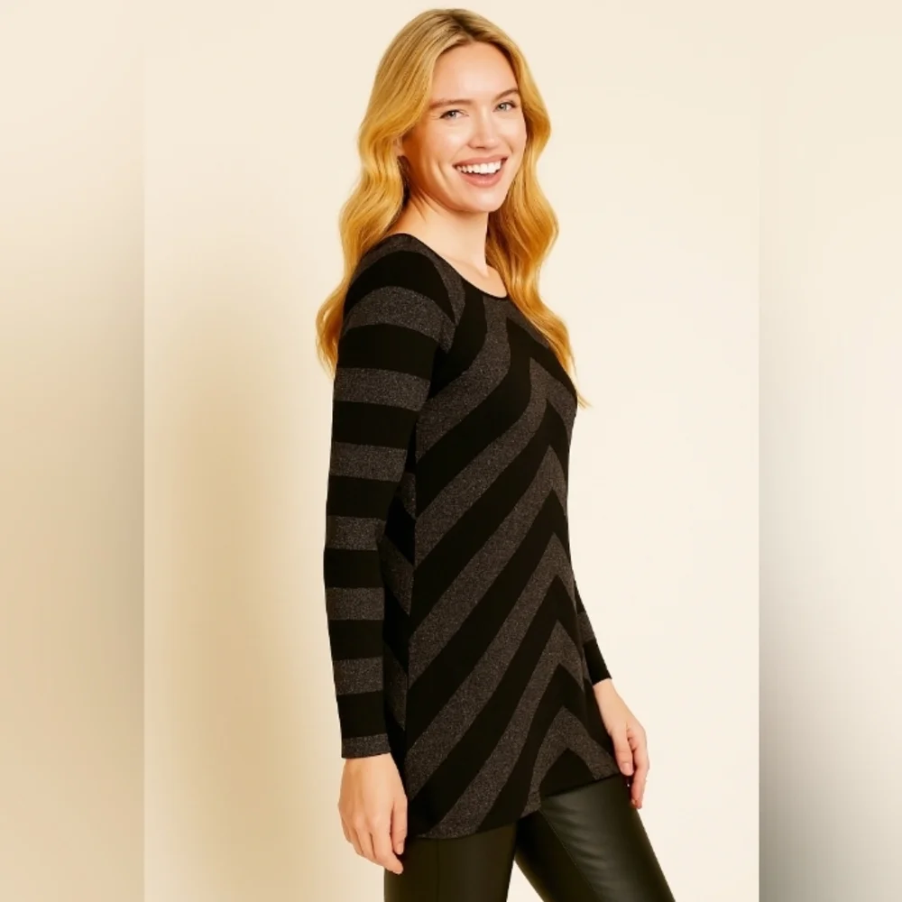 INC International Concepts Metallic Asymmetrical Semi Sheer Tunic Black Medium - Picture 2 of 12